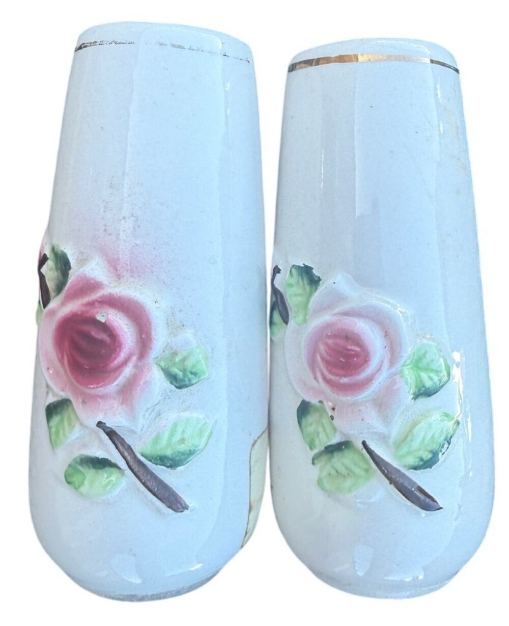 Vintage Japan Porcelain Rose Salt & Pepper Shakers Gold Trim Farmhouse Prayer